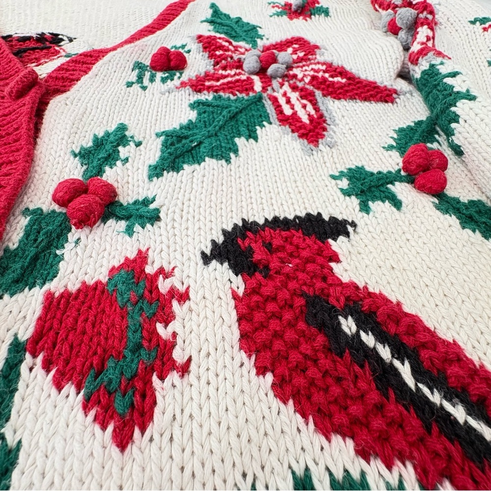 Vintage Holiday Cardinal Cardigan | Poinsettia Christmas Sweater | Cotton | M - Picture 9 of 9
